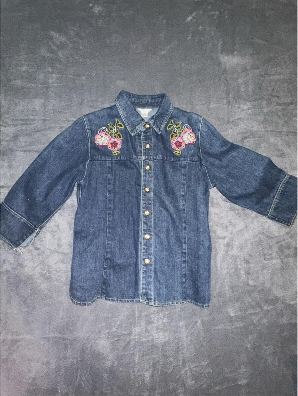 Christopher & Banks Denim Jean Jacket Floral Embroidery Beaded. Pearl Snap Small